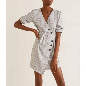 Mango Check Wrap Grey Dress V-Neck Tie Waist Sz 6 Preppy Holiday Business